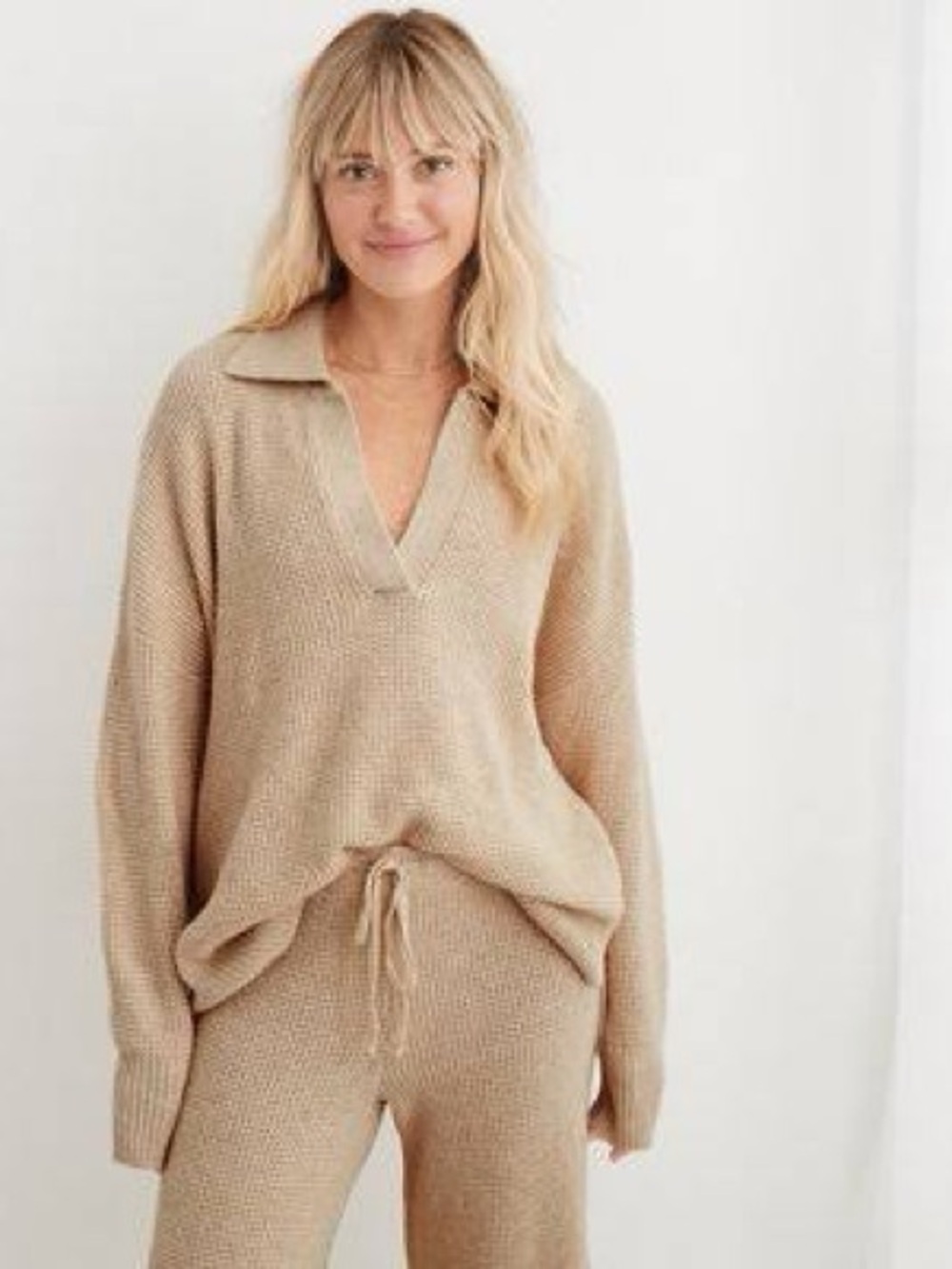Aerie CozyUp Waffle Lounge Set in Beige